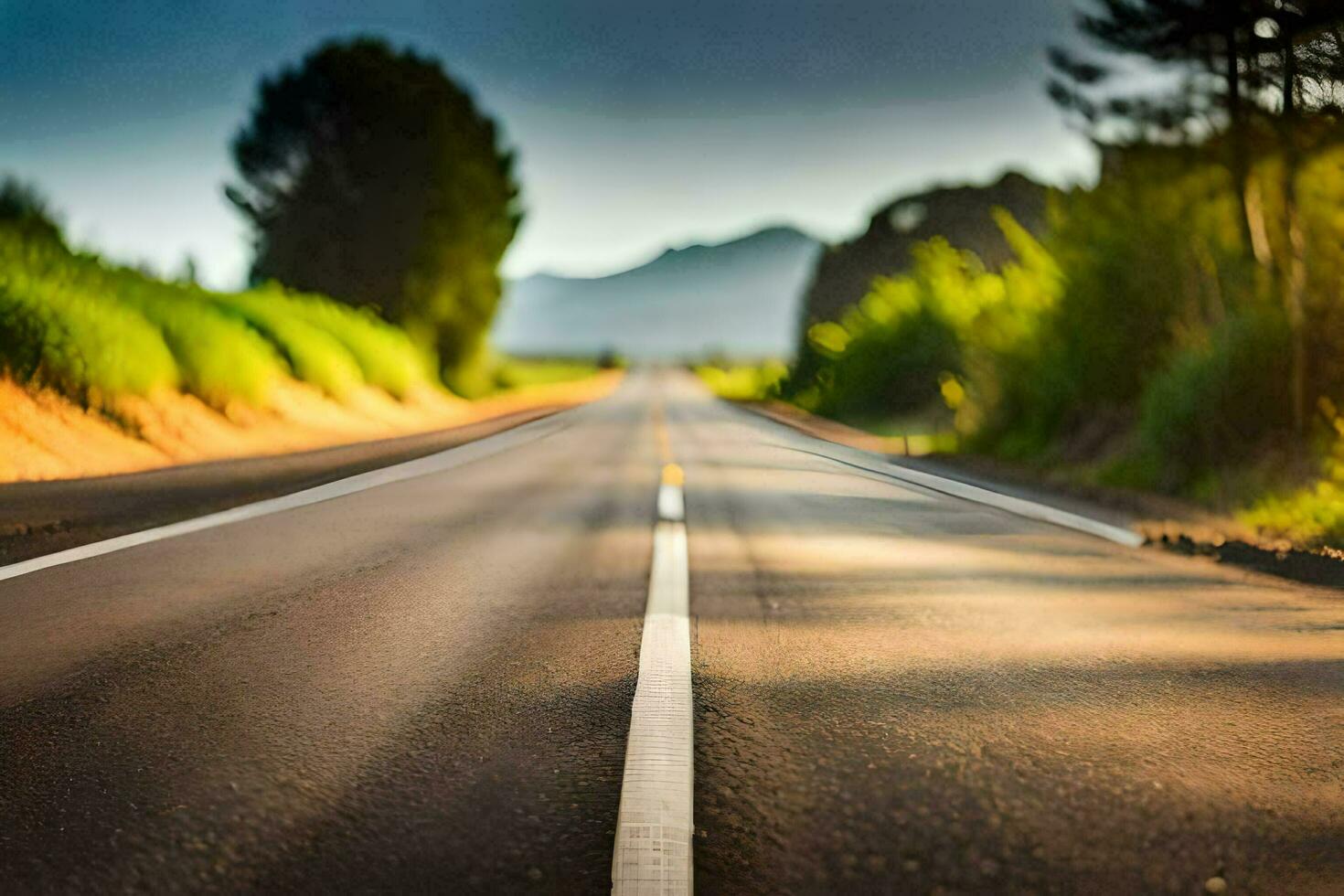 un largo vacío la carretera con arboles y césped en ambos lados generado por ai foto