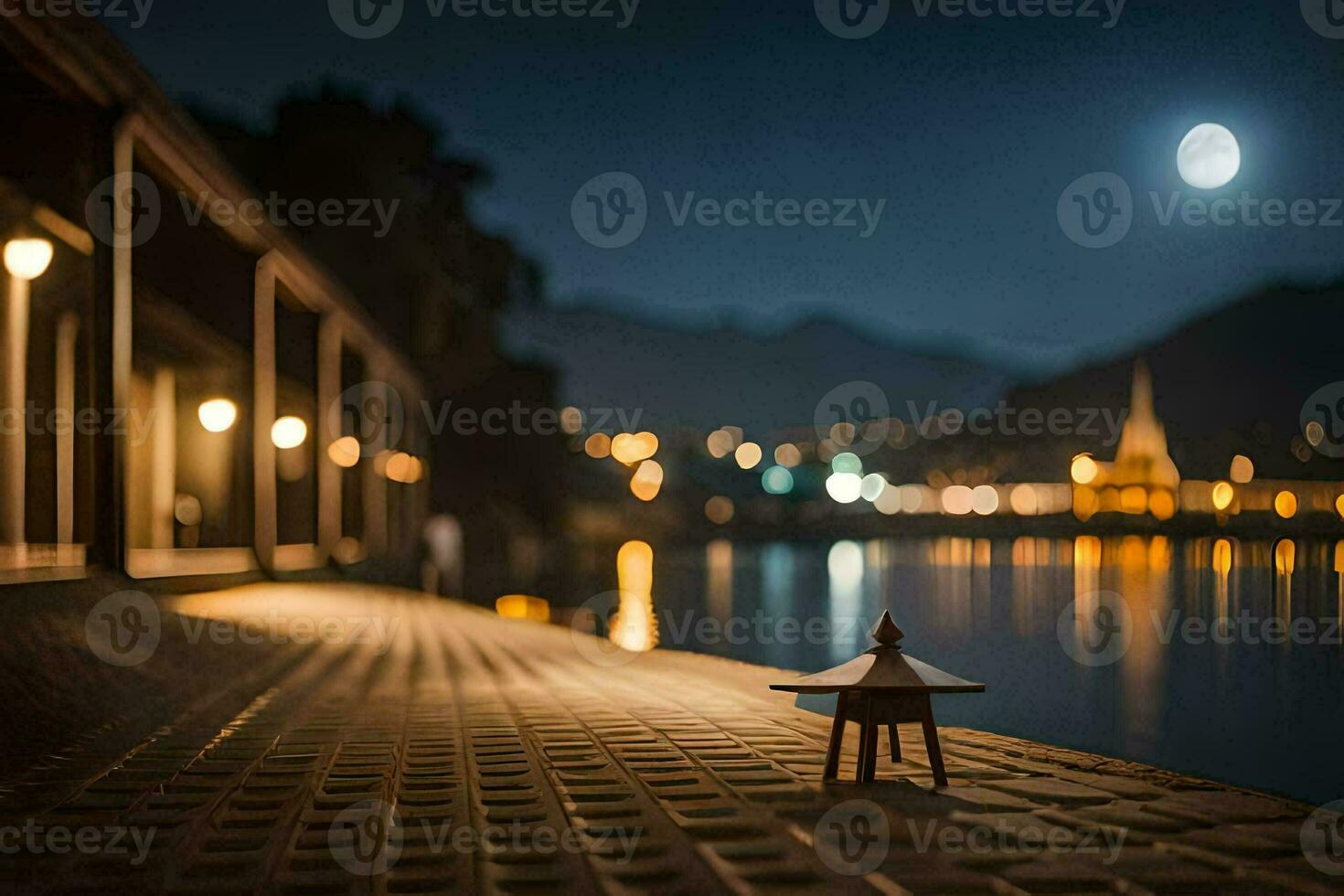 a small wooden table is sitting on the dock at night. AI-Generated photo