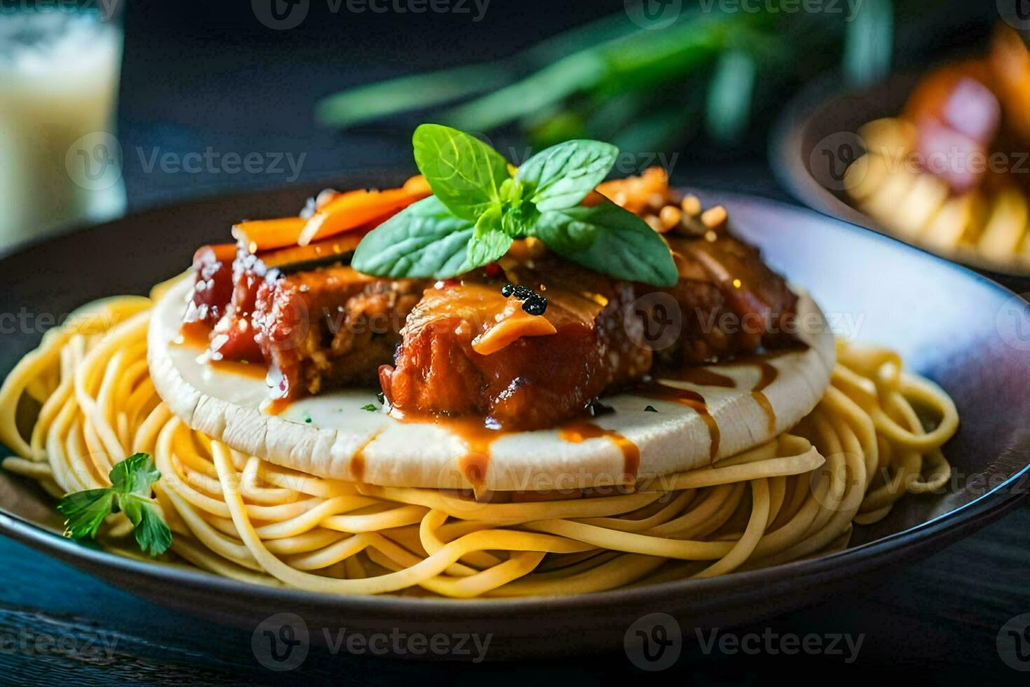 a plate of spaghetti with meat and sauce. AI-Generated photo