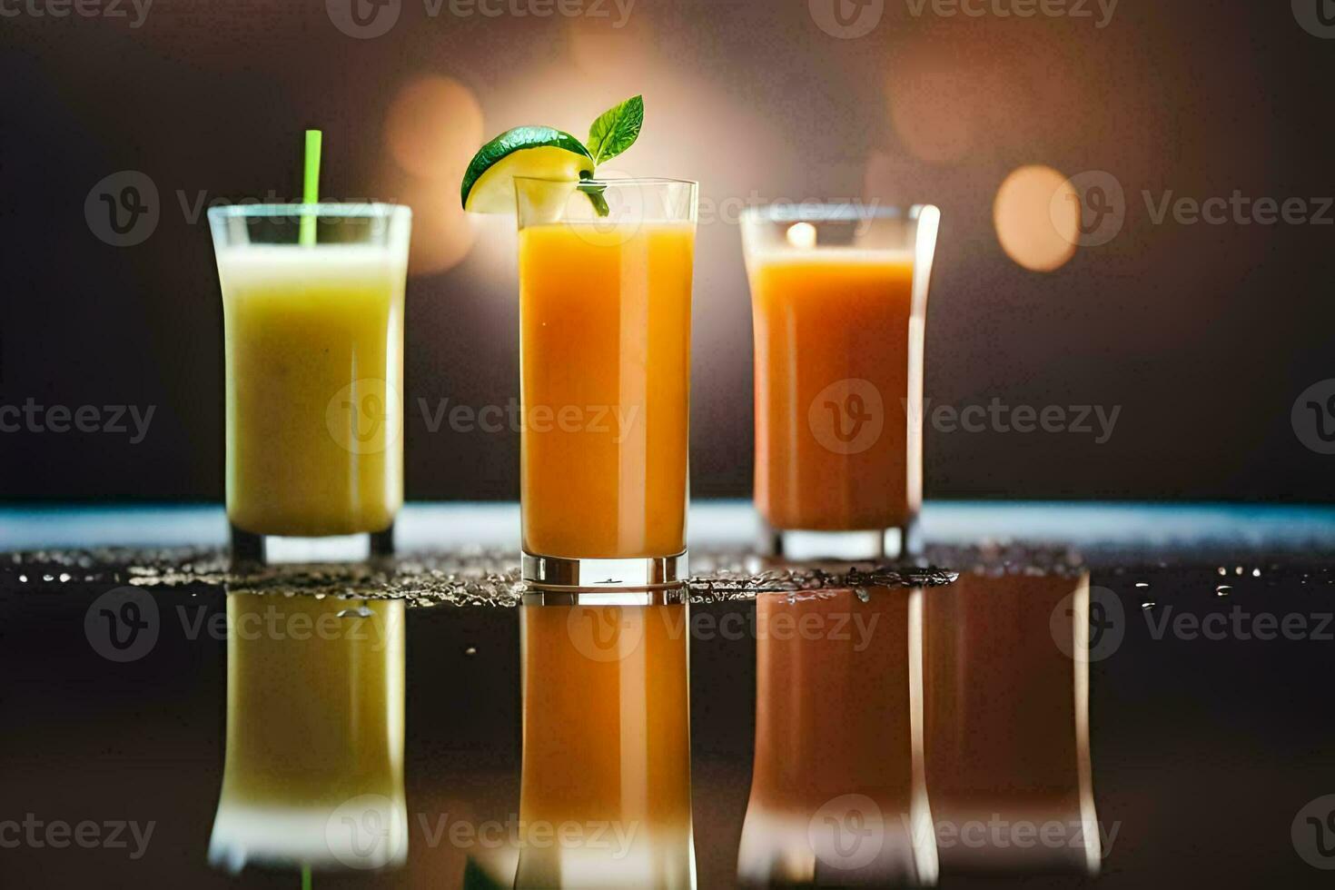 Tres diferente bebidas en lentes en un mesa. generado por ai foto