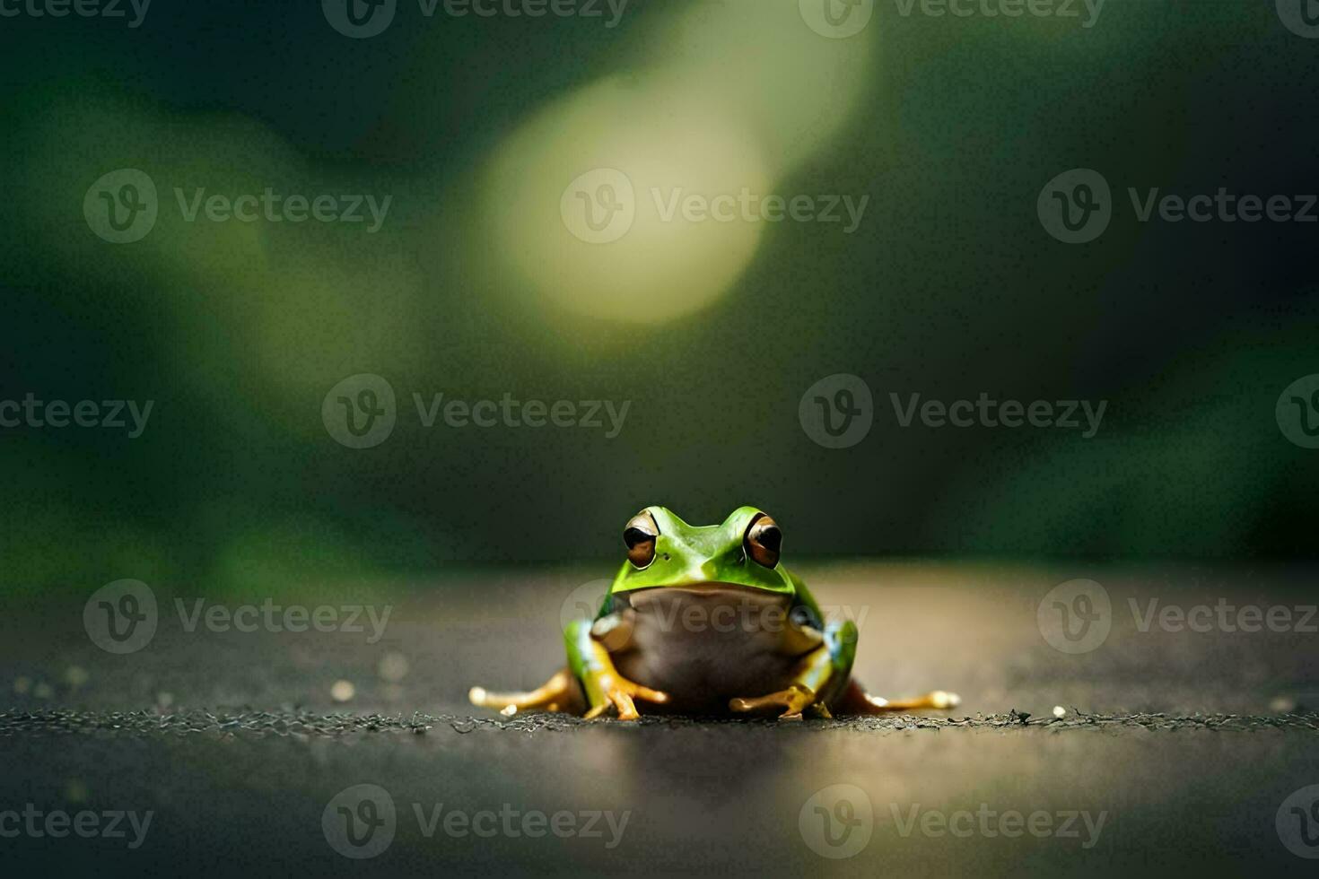 a frog sitting on the ground in front of a blurry background. AI-Generated photo