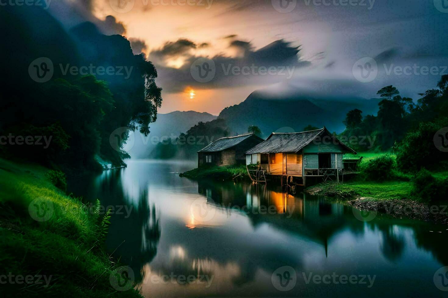the house on the river. AI-Generated photo