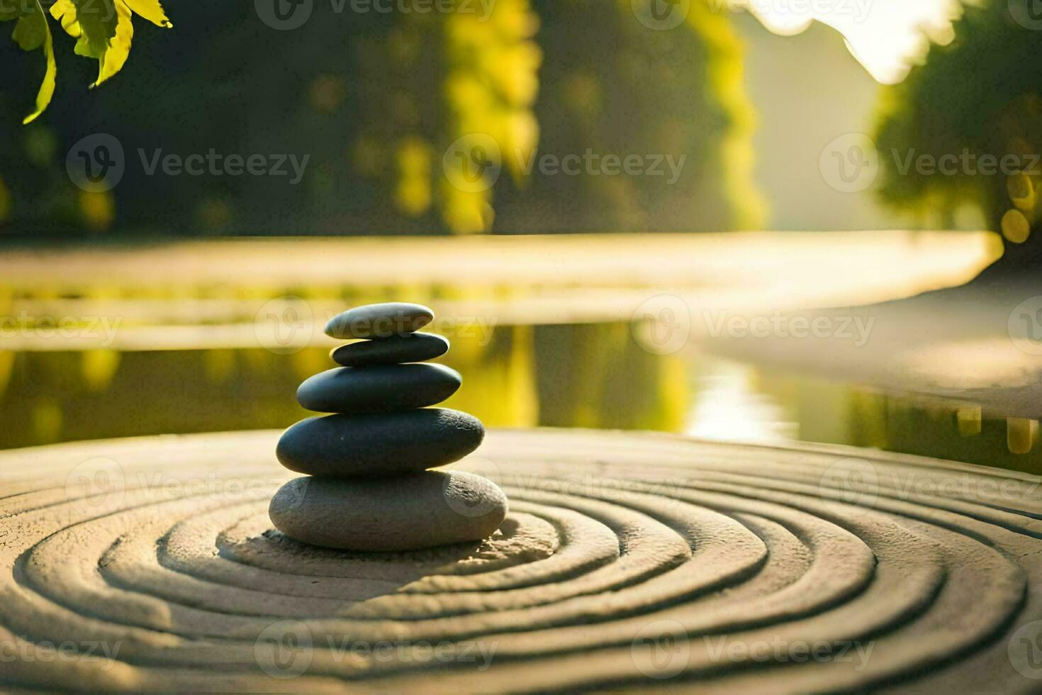 a stack of stones sitting on top of a circular stone circle. AI-Generated photo