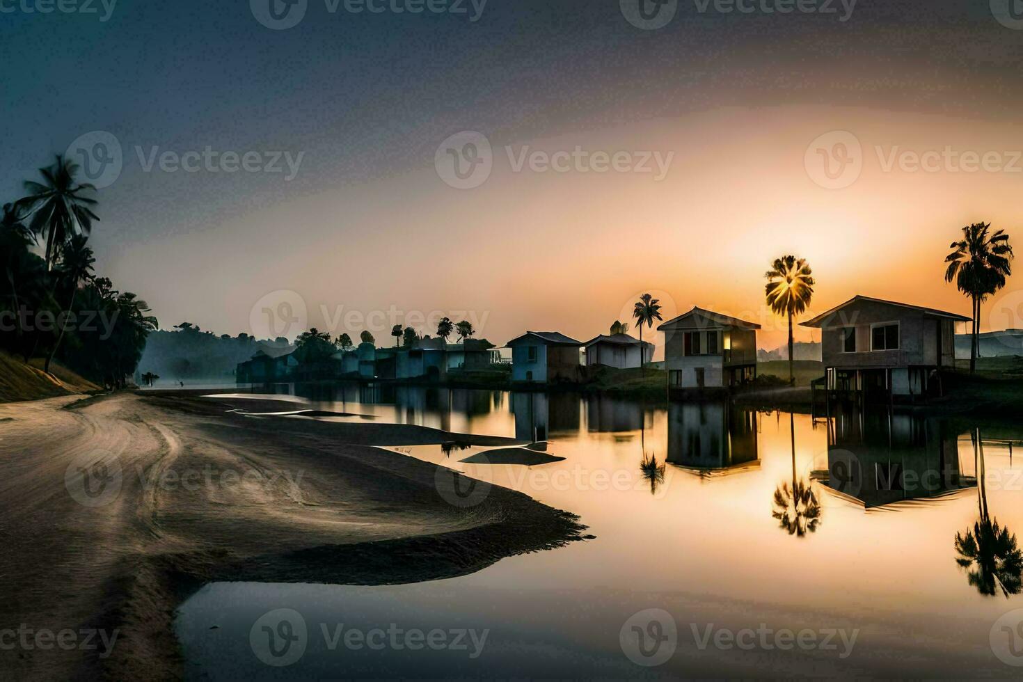 the sun sets over a river and some houses. AI-Generated photo
