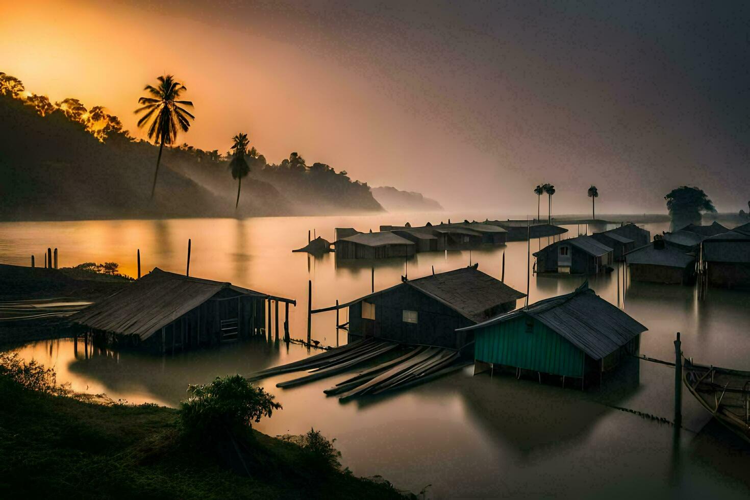 a sunrise over a river with wooden houses. AI-Generated photo