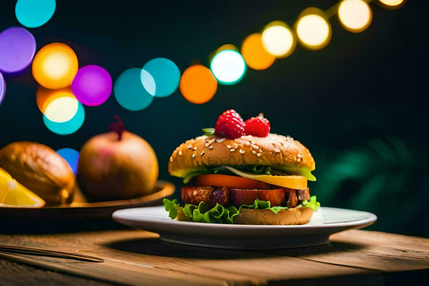 hamburger with berries and a slice of cheese on a plate. AI-Generated photo