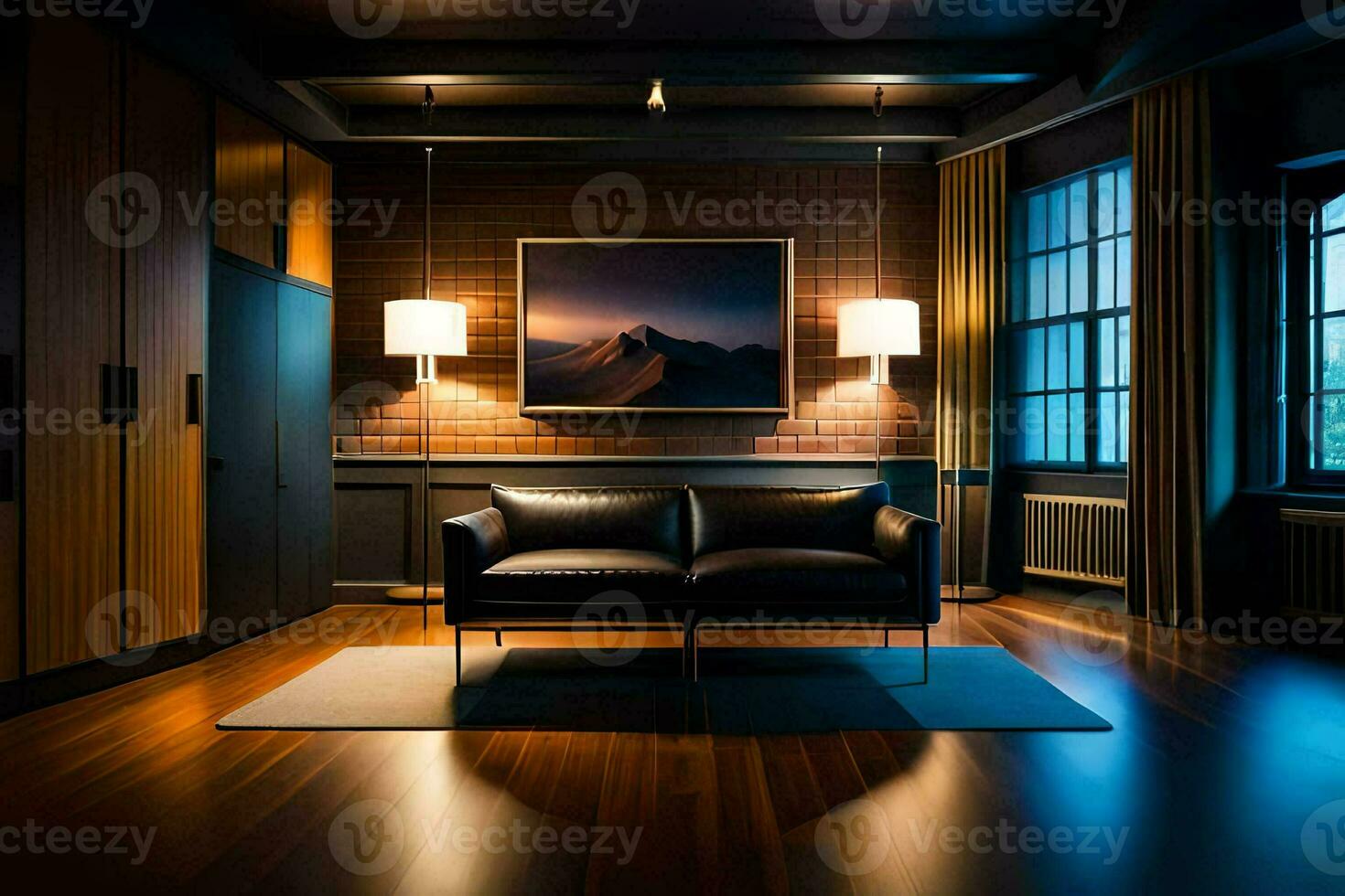 a dark room with a couch and a painting on the wall. AI-Generated photo