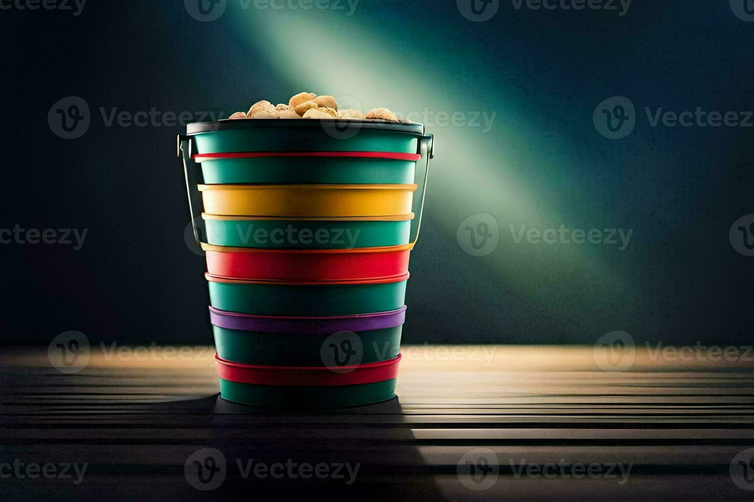 a bucket of popcorn on a wooden table. AI-Generated photo