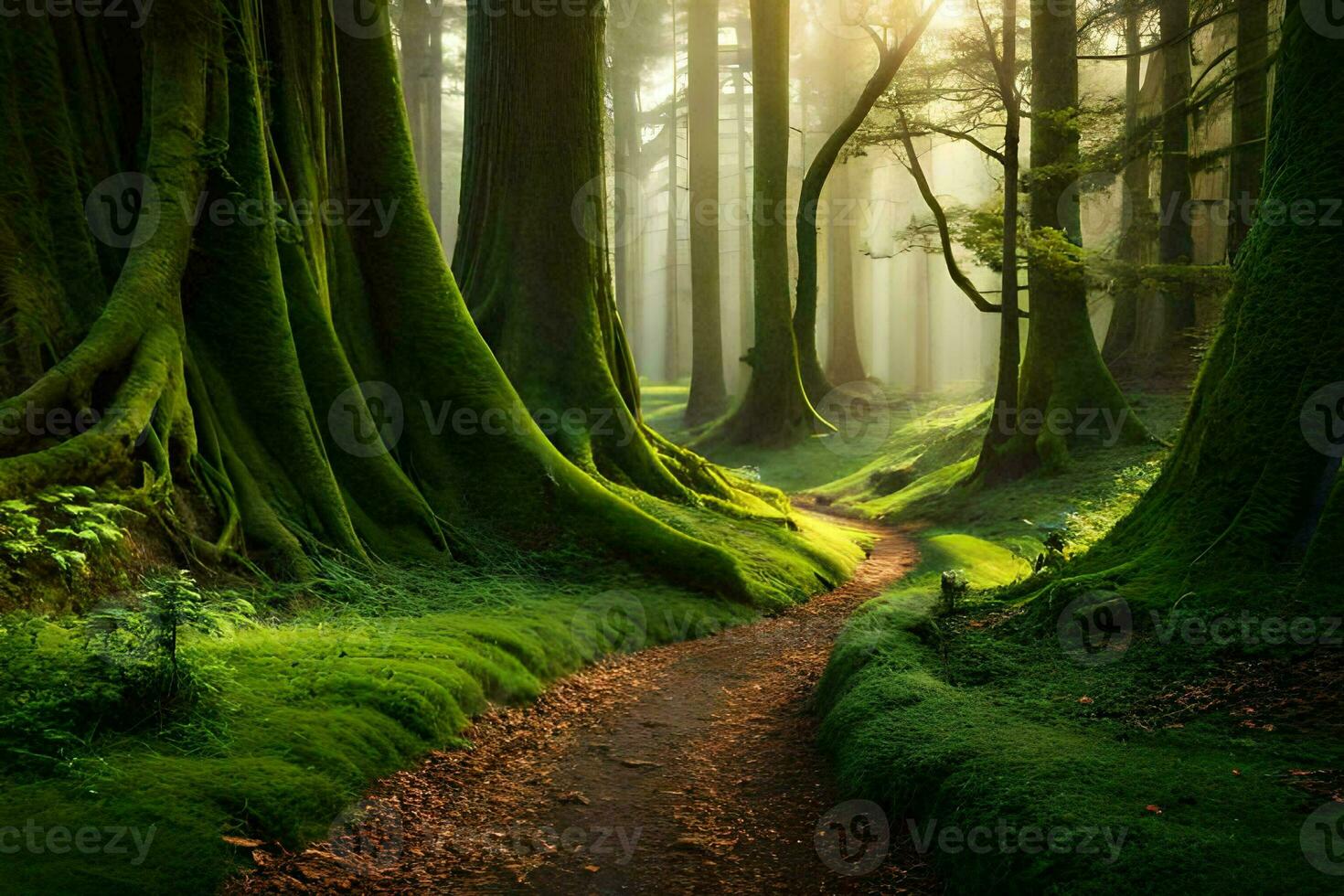 a path through a green forest with trees and moss. AI-Generated photo