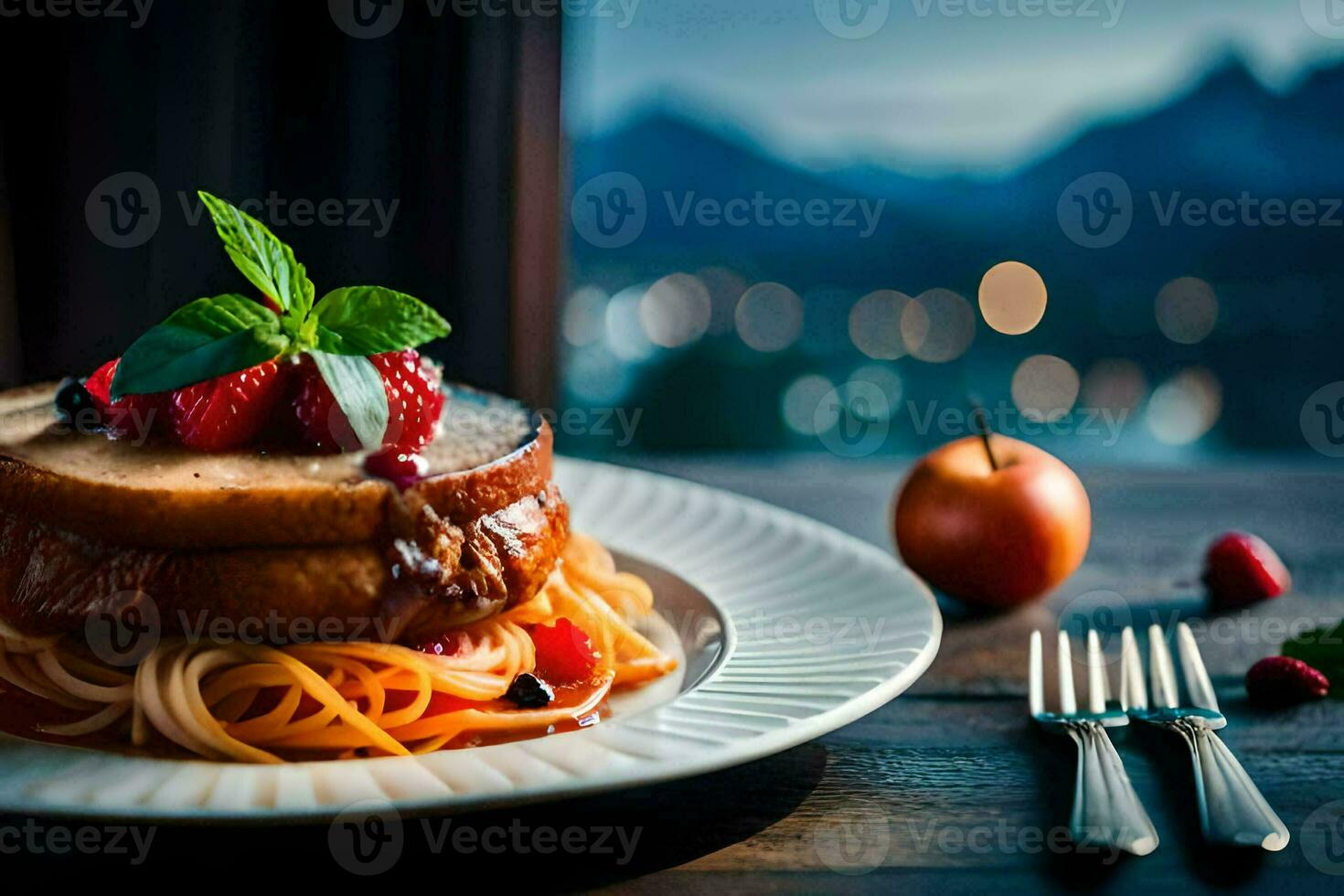 un plato con espaguetis y Fruta en él. generado por ai foto