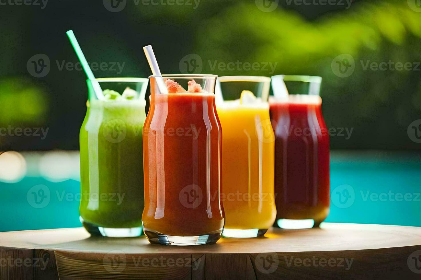 cuatro diferente de colores jugos en lentes en un mesa. generado por ai foto