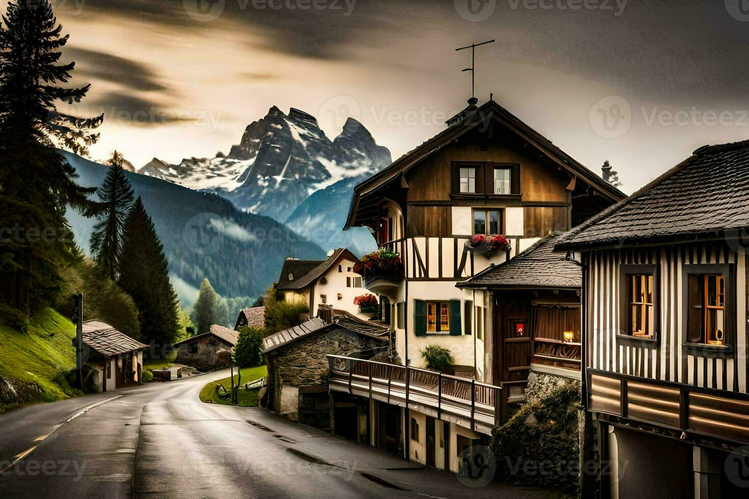 a road in the mountains with houses and mountains in the background. AI-Generated photo