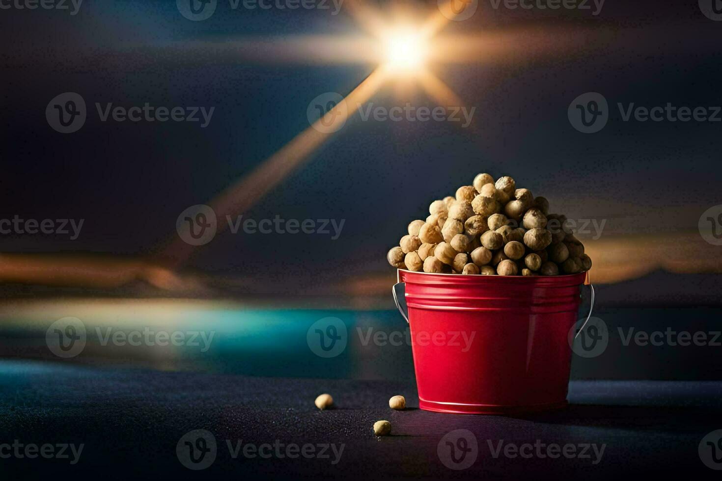 a bucket filled with soy beans on a table. AI-Generated photo
