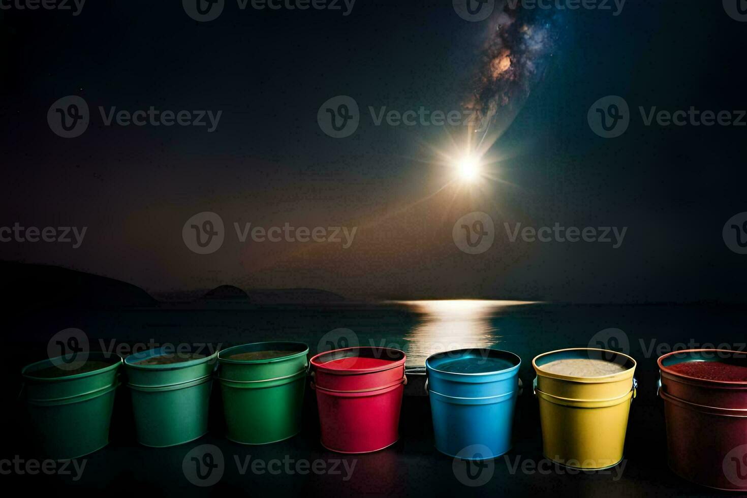colorful buckets of paint on the beach at night. AI-Generated photo