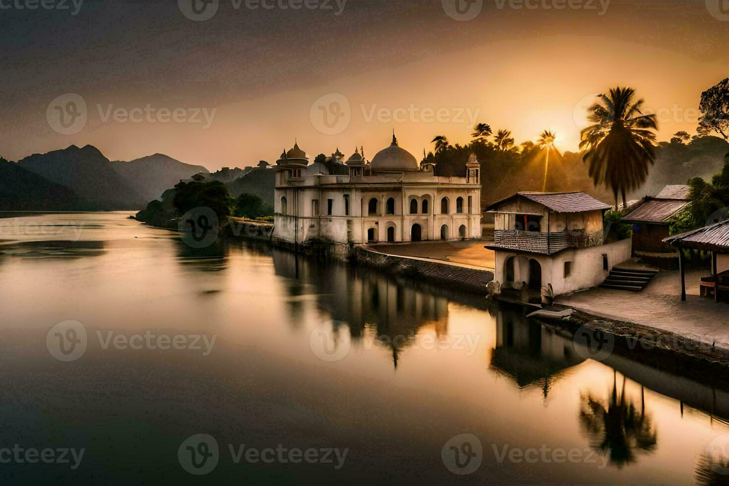the sun sets over a lake in india. AI-Generated photo