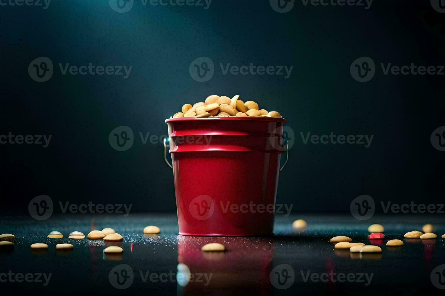 a red bucket filled with peanuts on a dark surface. AI-Generated photo