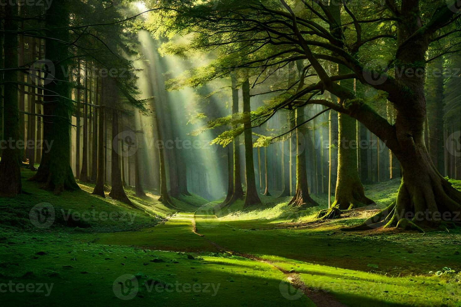 a path through a forest with sunbeams shining through the trees. AI-Generated photo