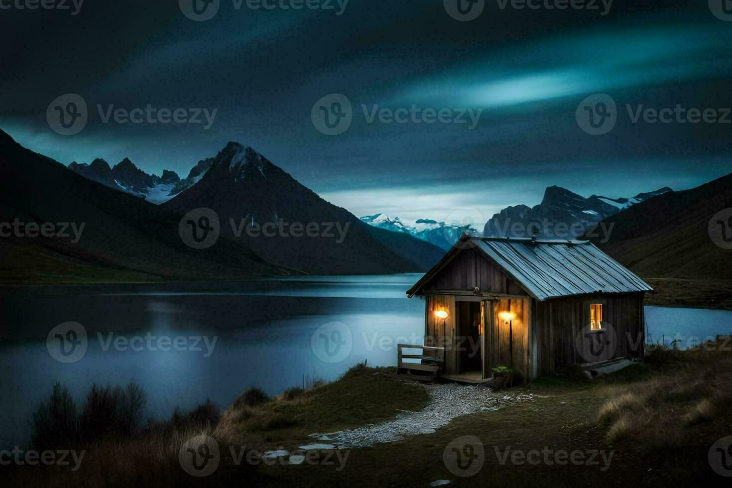 el cabina en el bosque por persona. generado por ai foto