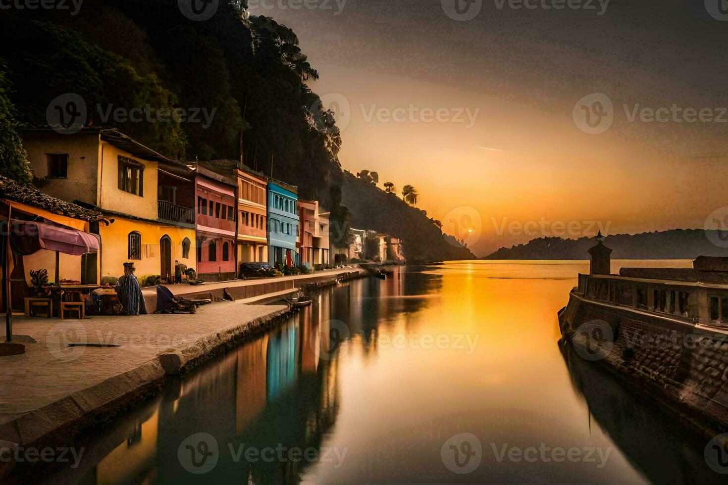 a river in the middle of a town at sunset. AI-Generated photo