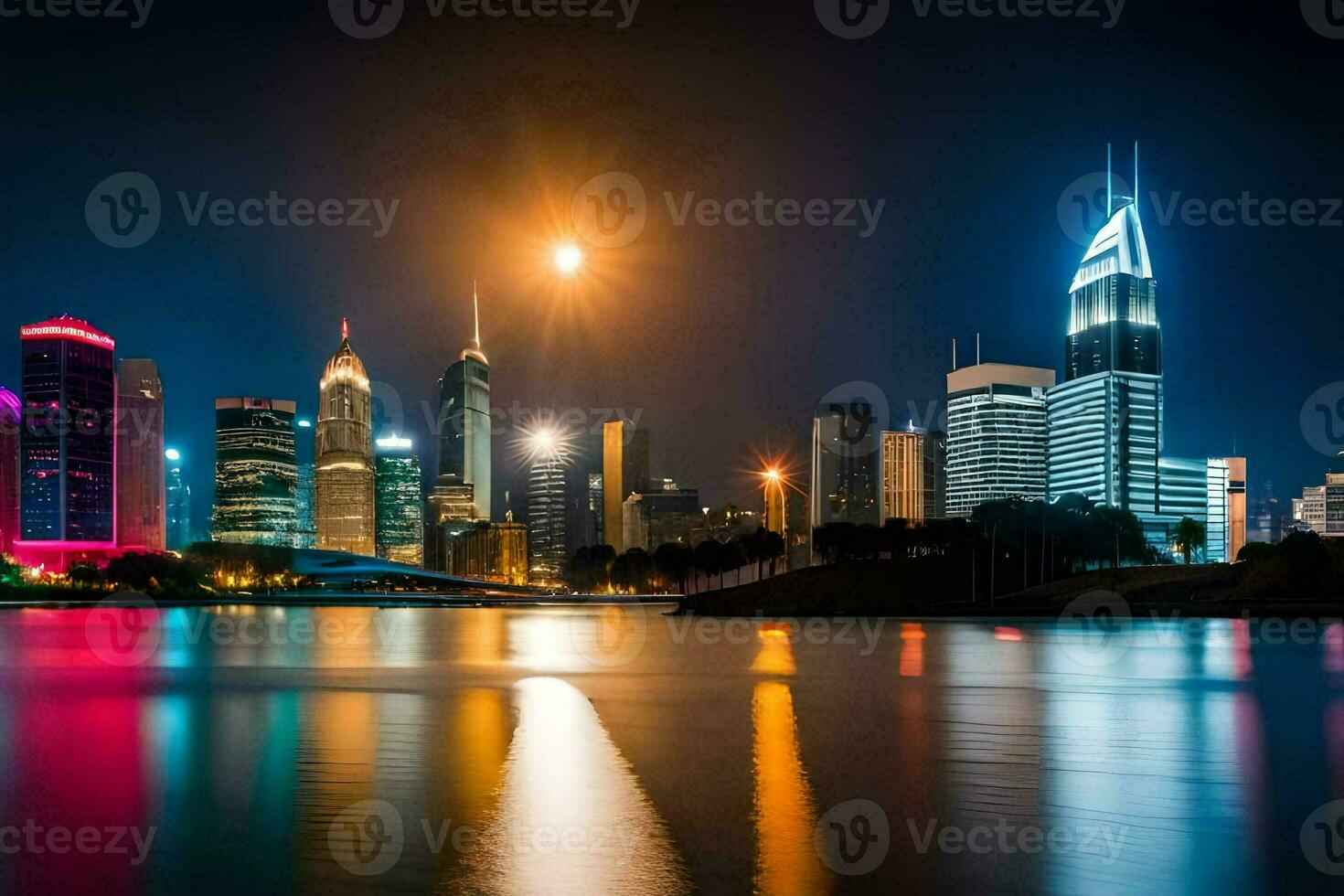 the city skyline is lit up at night. AI-Generated photo