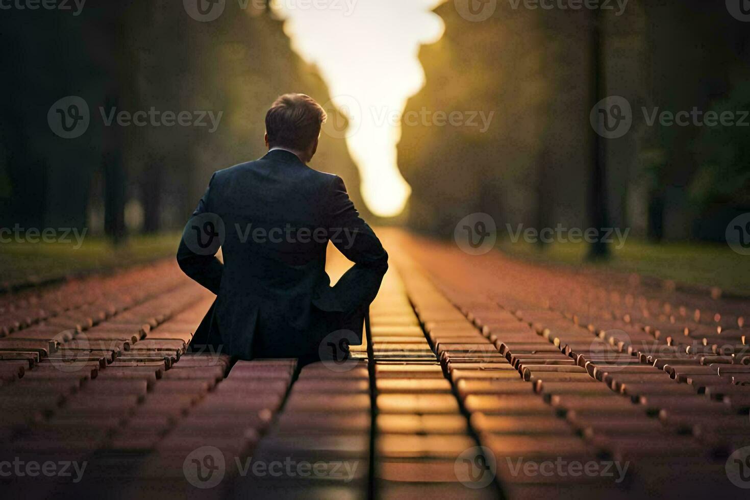 a man sitting on the ground in a suit and tie. AI-Generated photo