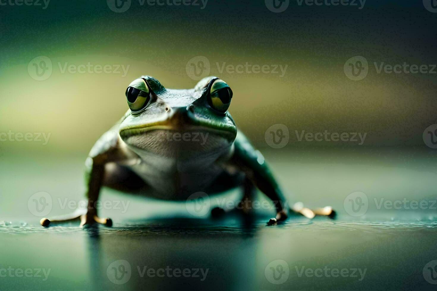 a frog is sitting on a table with a blurry background. AI-Generated photo