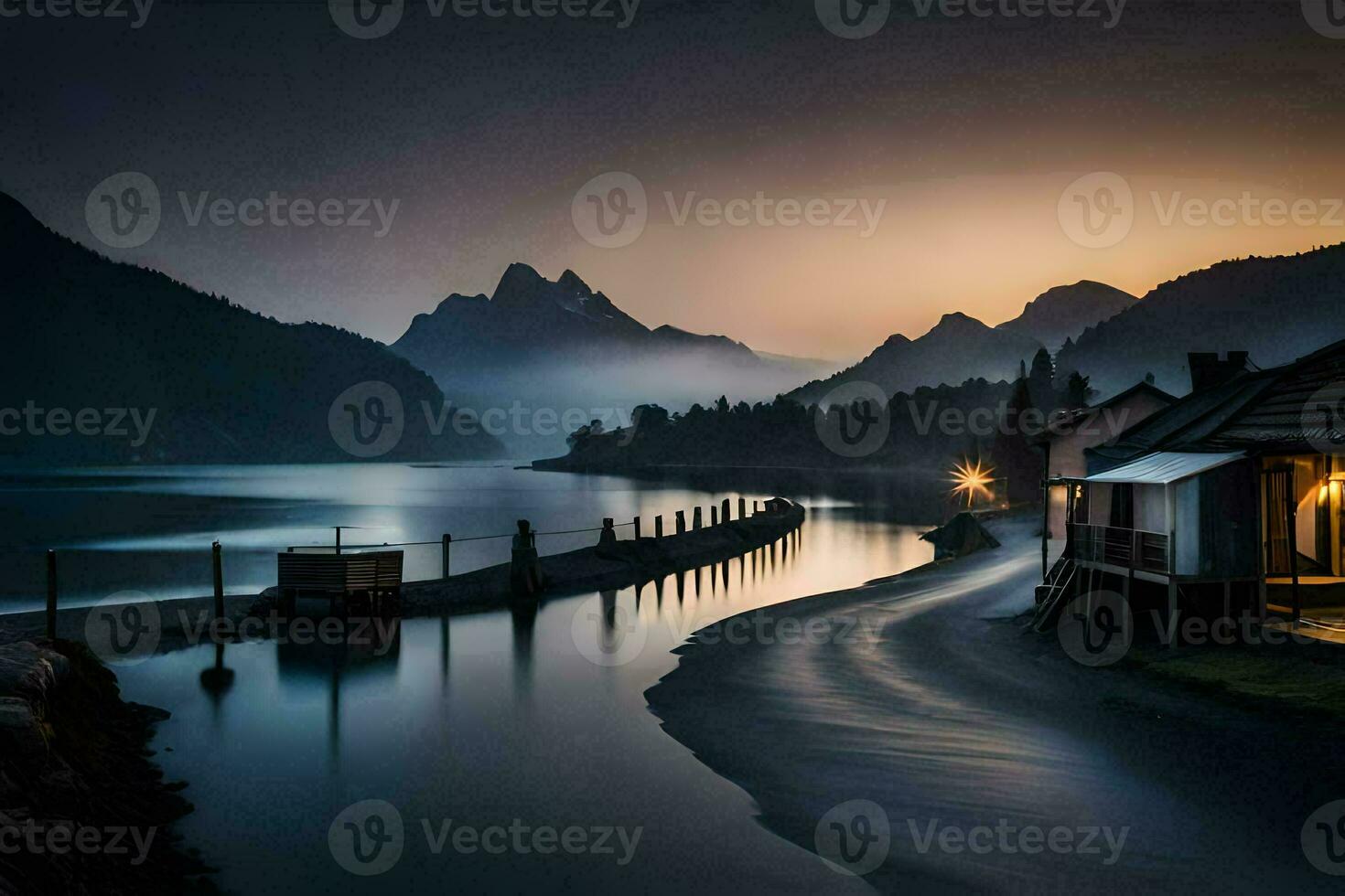 a lake and a house in the mountains at sunset. AI-Generated photo