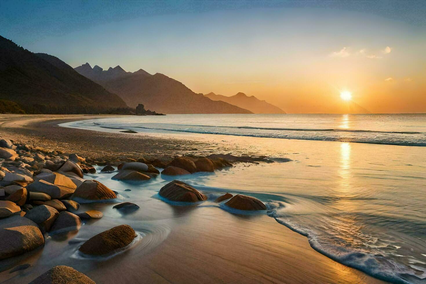 the sun rises over the mountains and the beach. AI-Generated photo