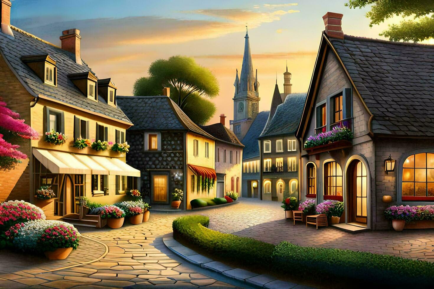 a painting of a town street at sunset. AI-Generated photo
