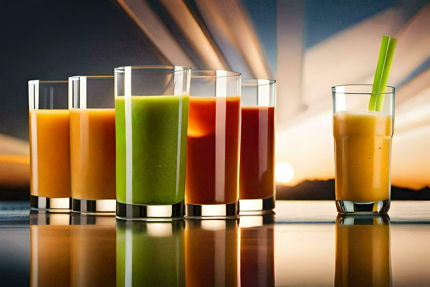 a group of different juices in glasses. AI-Generated photo