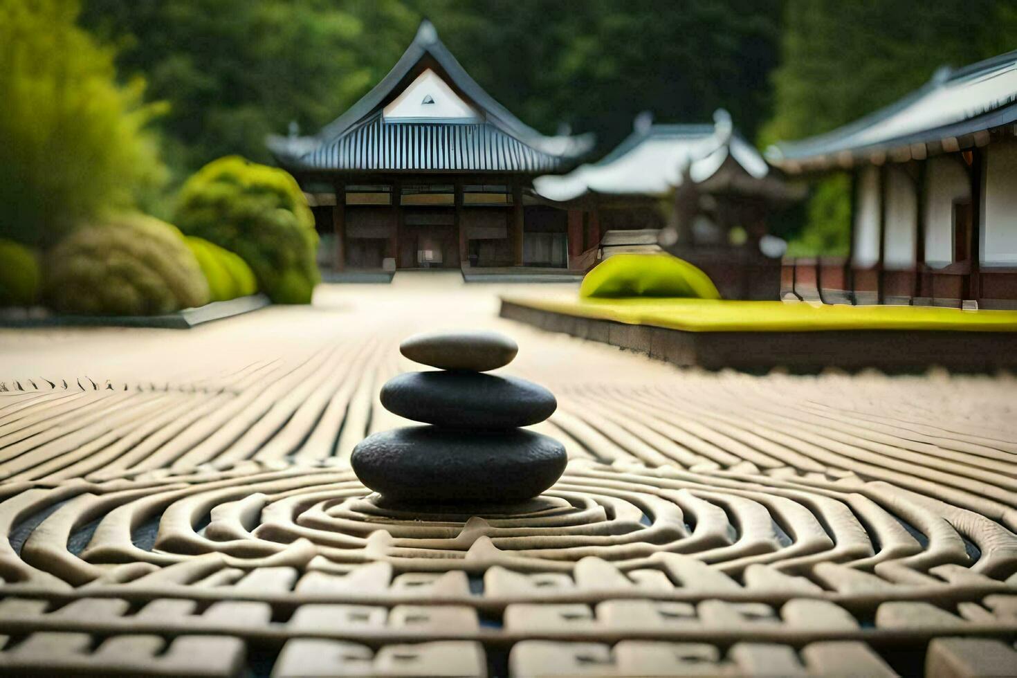 a stone maze in front of a building. AI-Generated photo