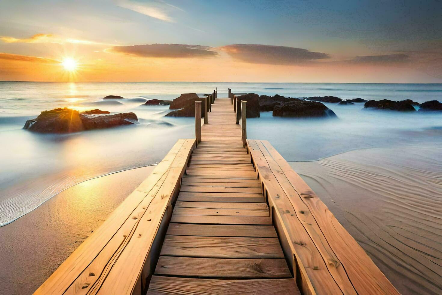 a wooden pier stretches out into the ocean at sunset. AI-Generated photo