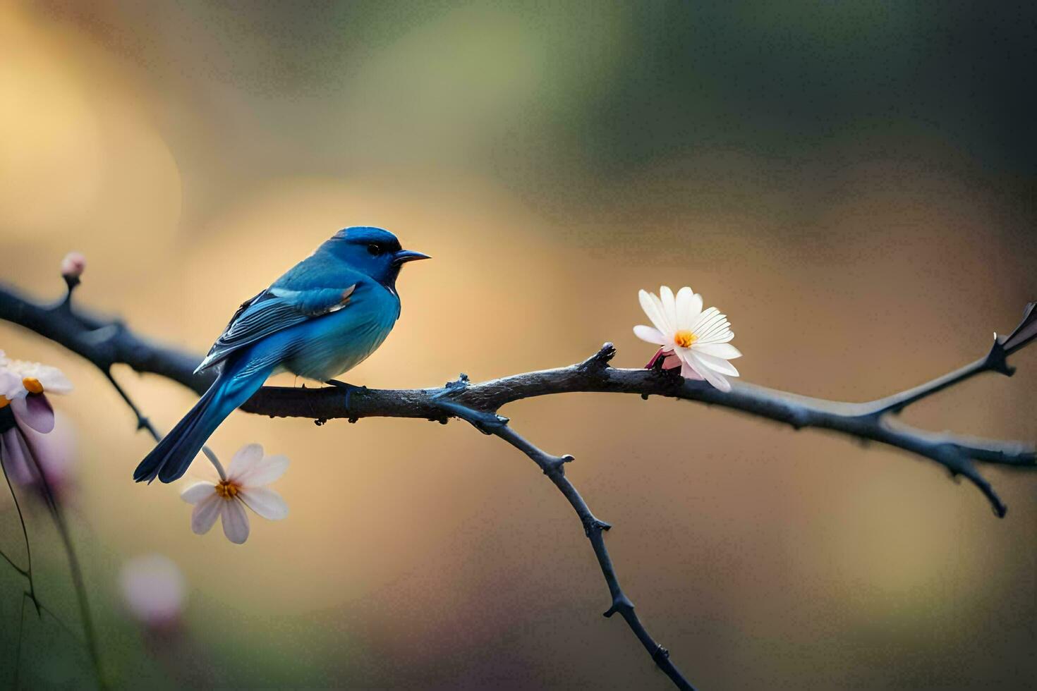 a blue bird sits on a branch with flowers. AI-Generated photo