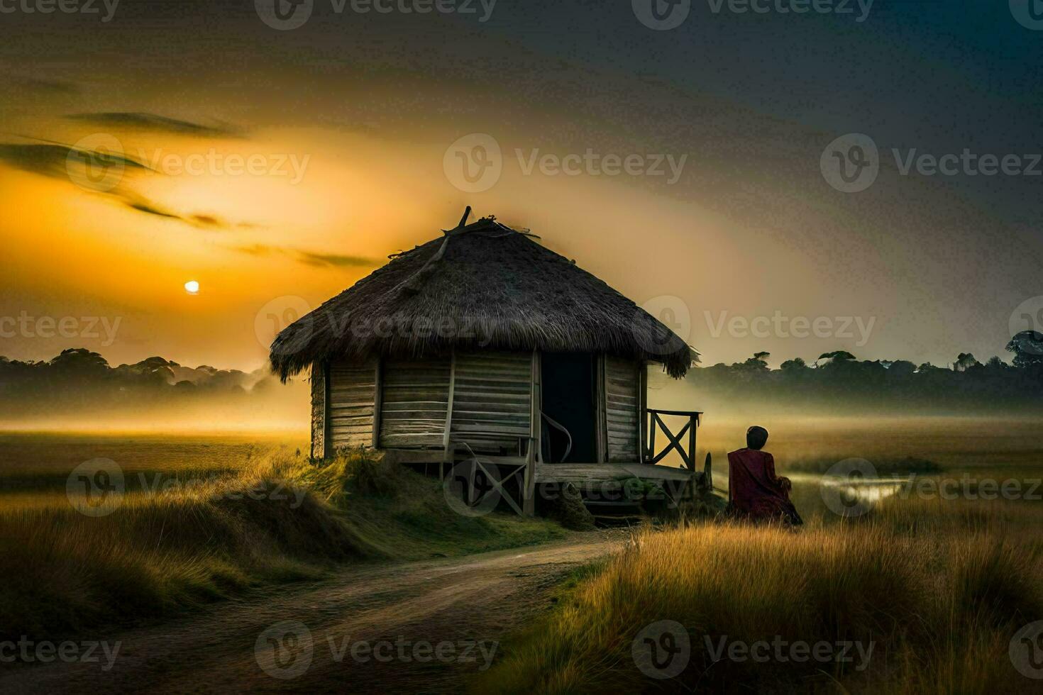 a man stands in front of a hut at sunrise. AI-Generated photo