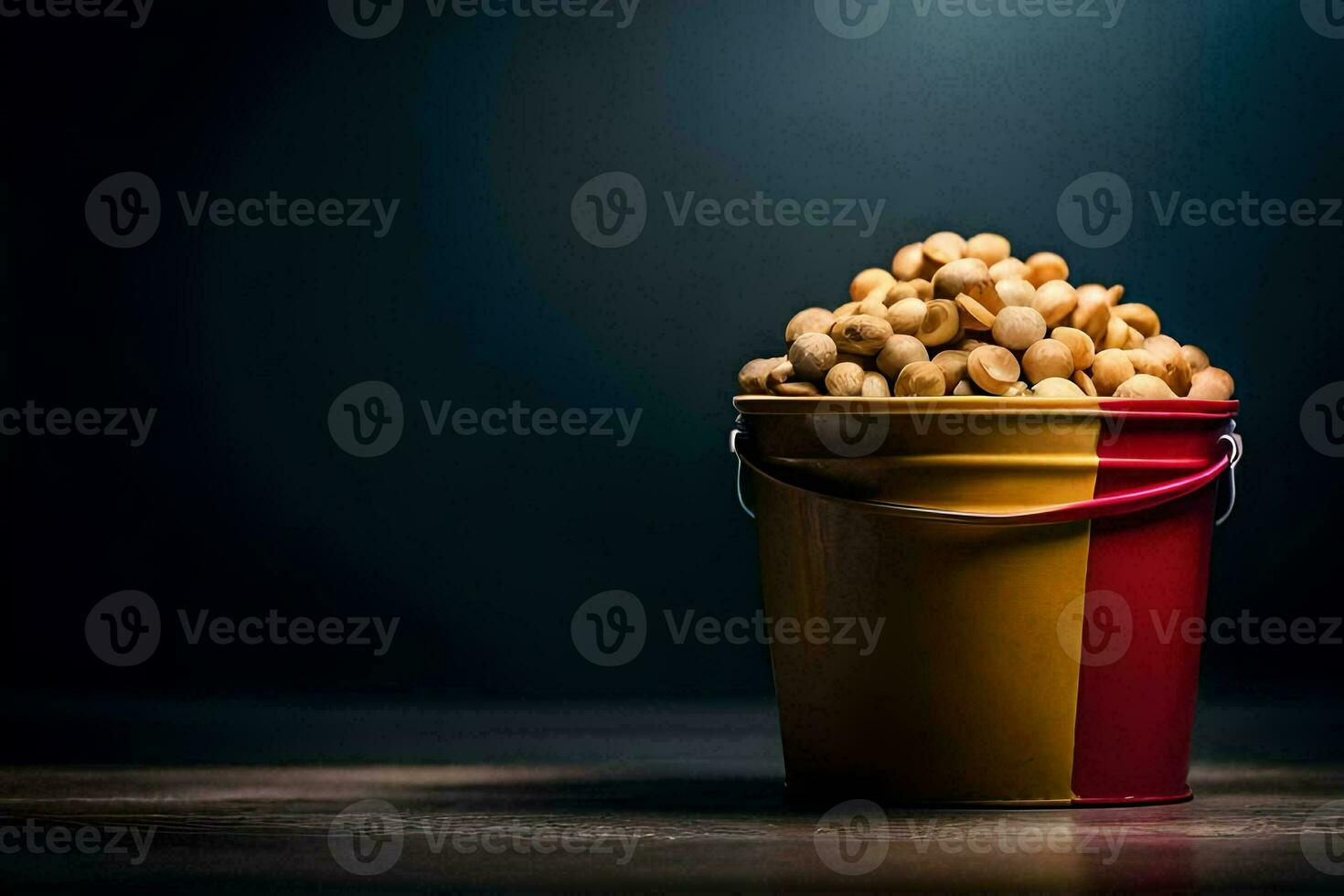 a bucket of peanuts on a dark table. AI-Generated photo