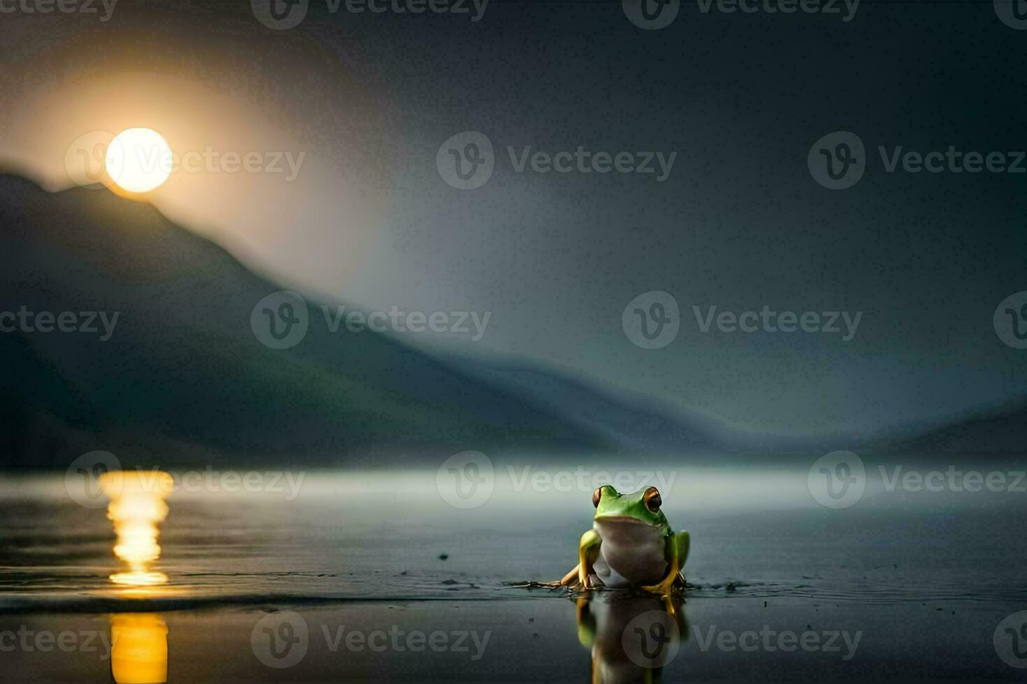 a frog sitting on the shore of a lake at night. AI-Generated photo