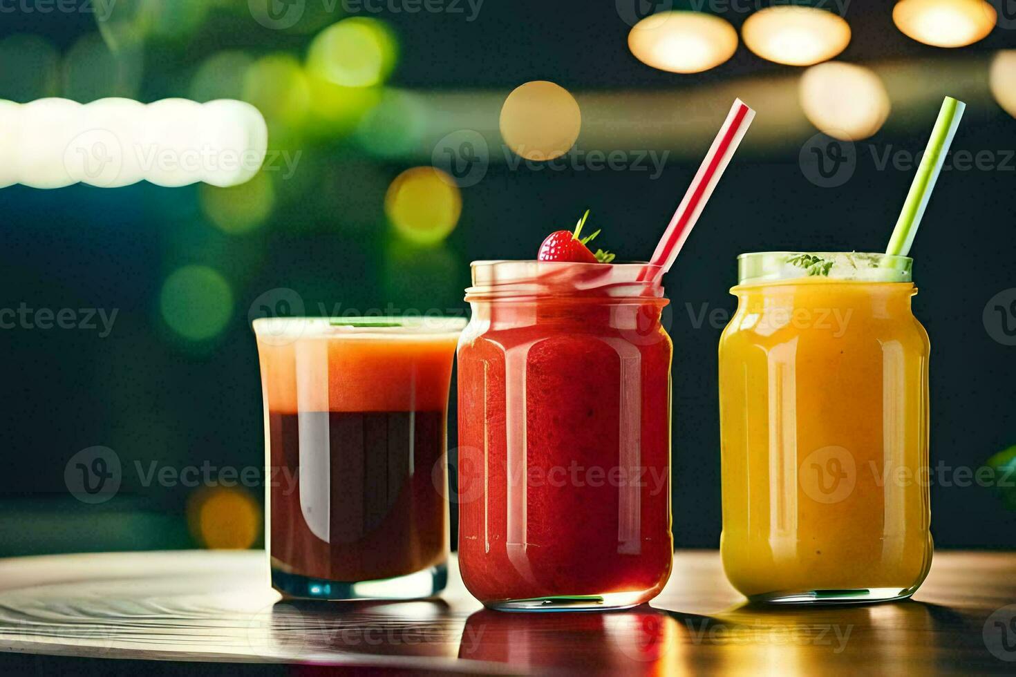 three different types of smoothies in glass jars. AI-Generated photo