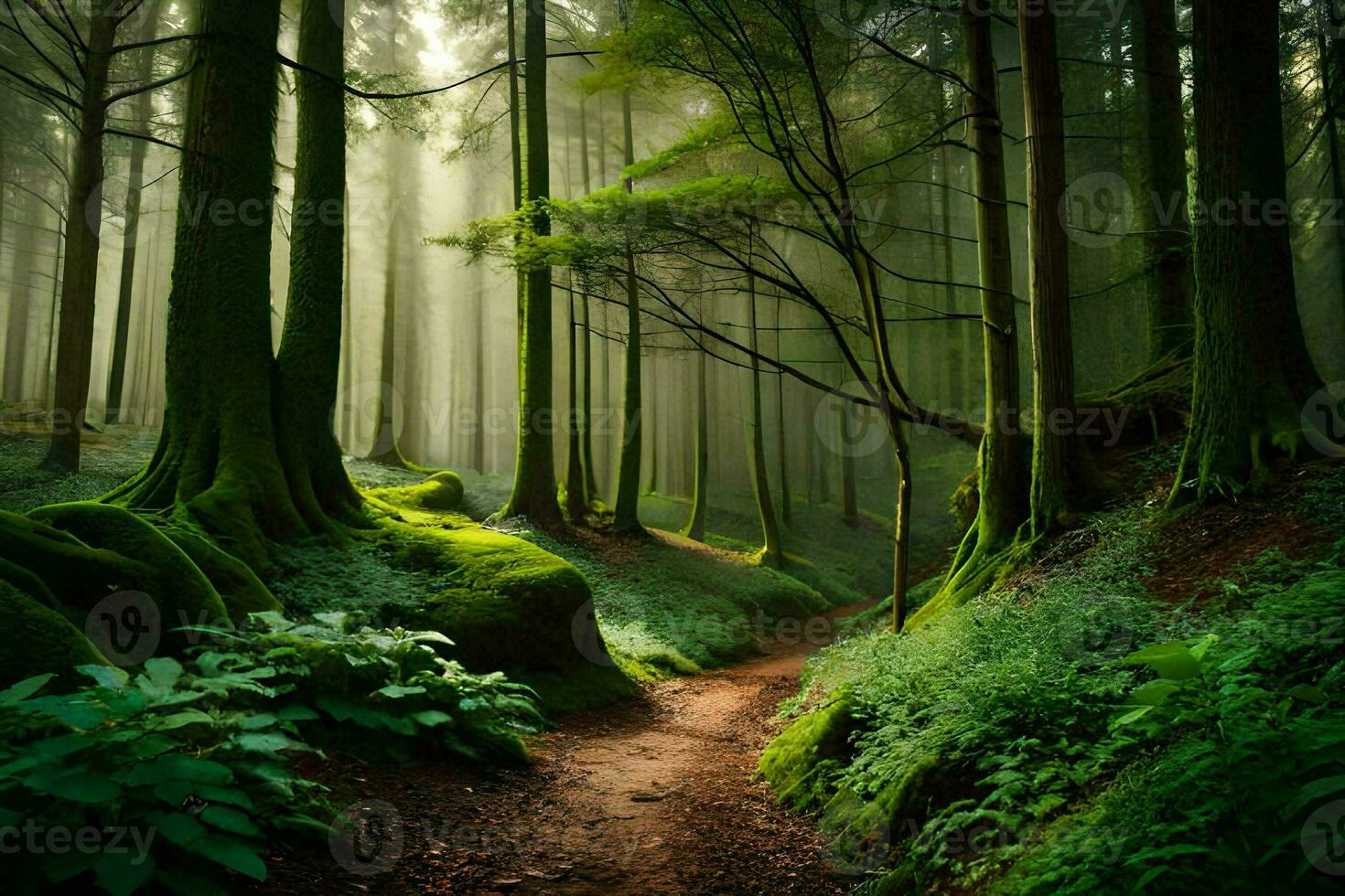 a path through a green forest with mossy trees. AI-Generated photo