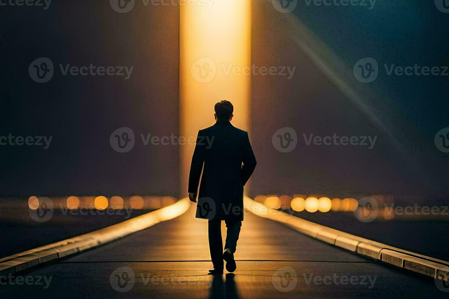 a man walking down a long hallway at night. AI-Generated photo