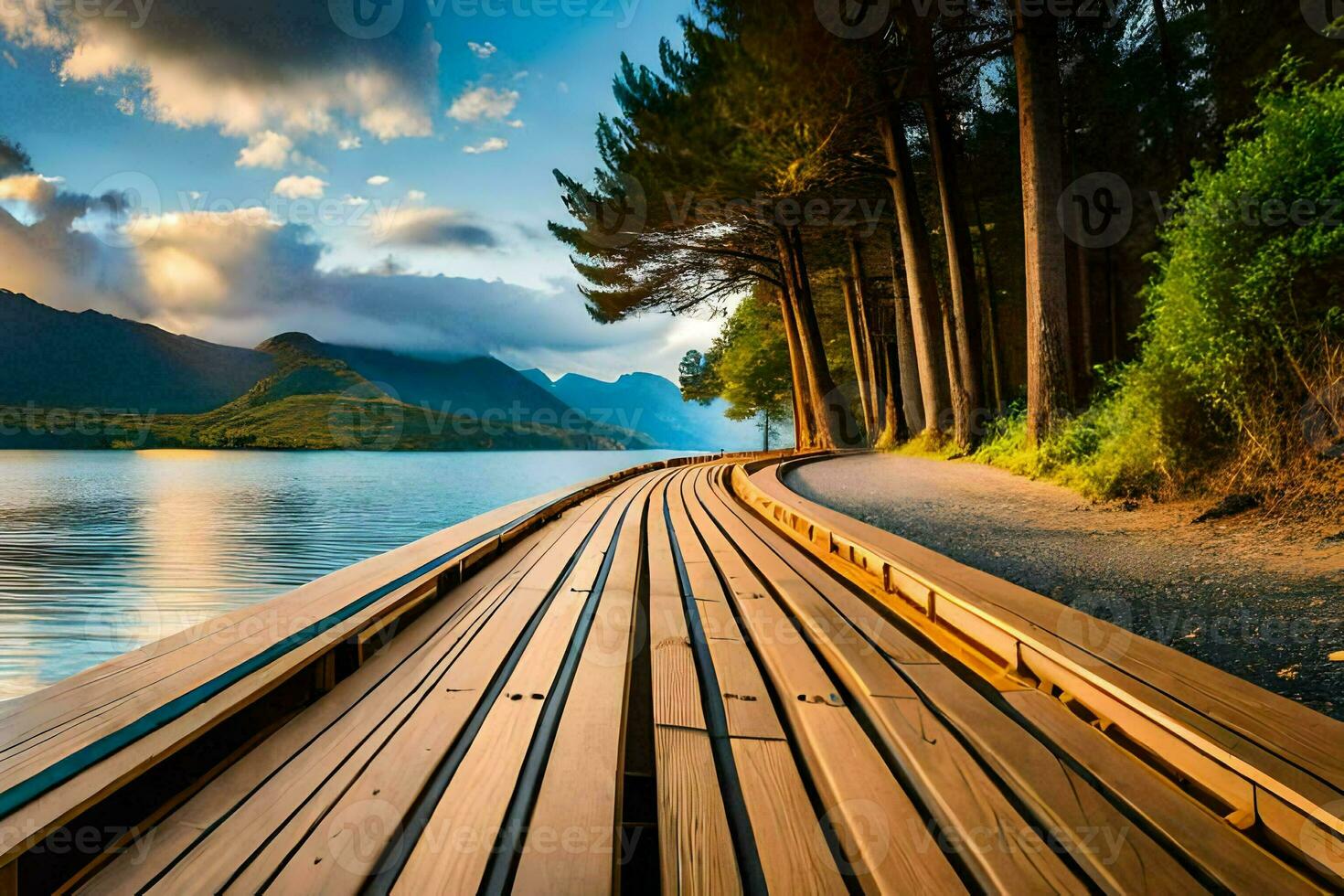 a wooden pier leads to a lake and mountains. AI-Generated photo
