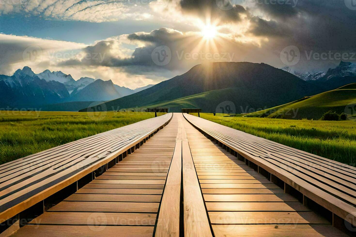 a wooden bridge leads to the sun in the mountains. AI-Generated photo