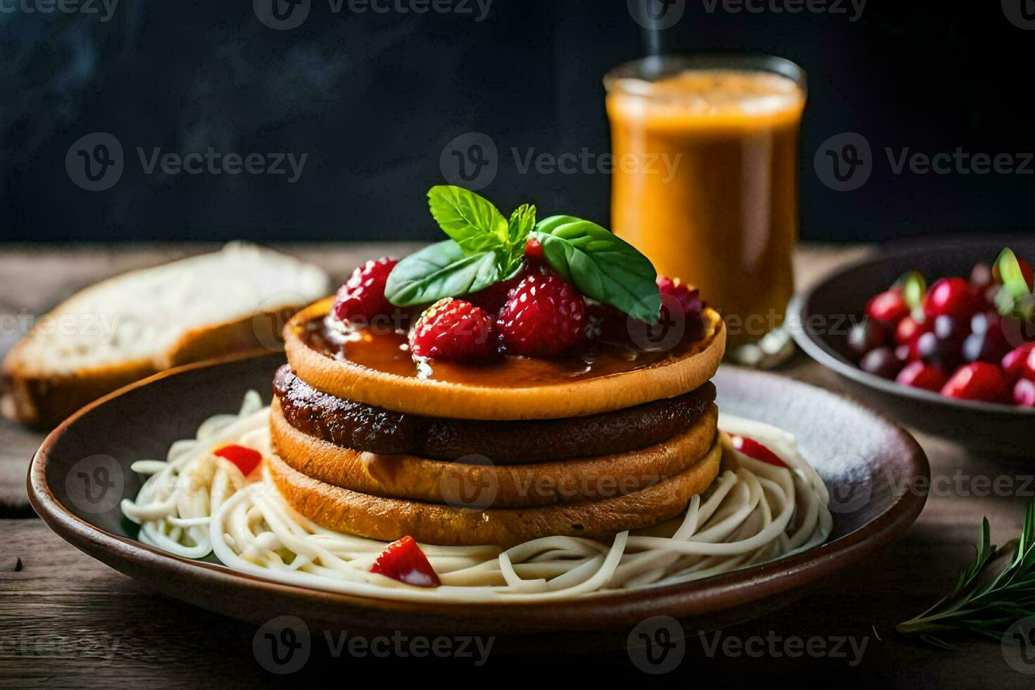 a stack of pancakes with berries and sauce on top. AI-Generated photo
