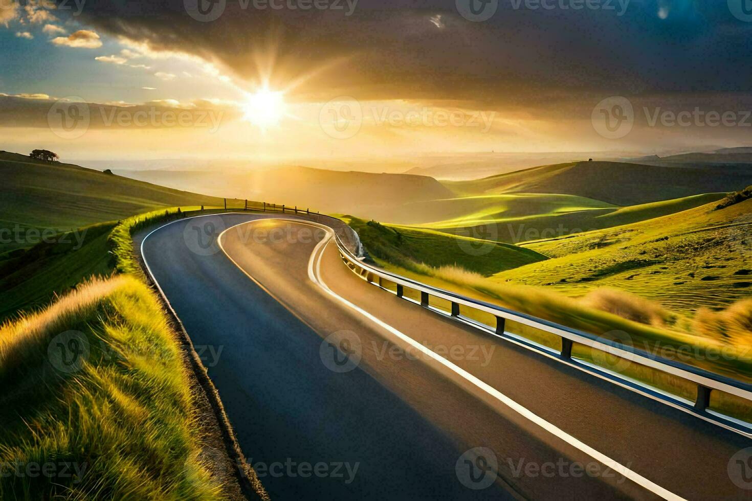 the sun setting over a winding road in the hills. AI-Generated photo