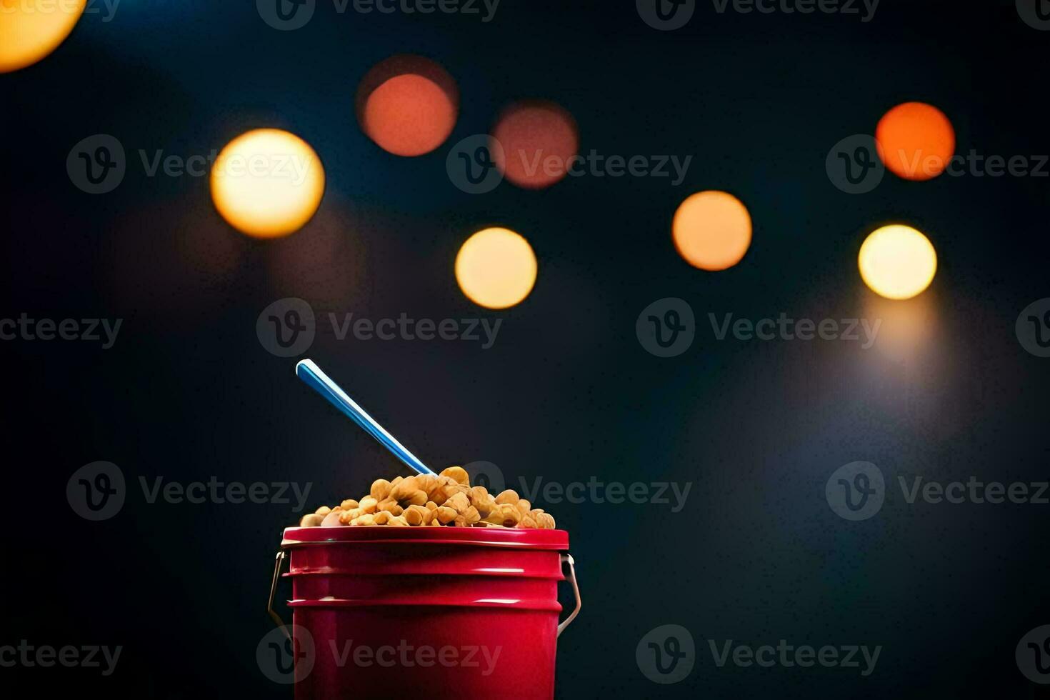a bucket of popcorn with a blue straw. AI-Generated photo