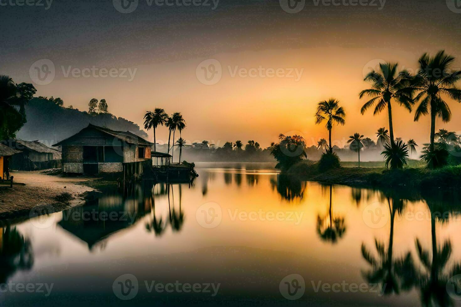 un río con palma arboles y casas a puesta de sol. generado por ai foto