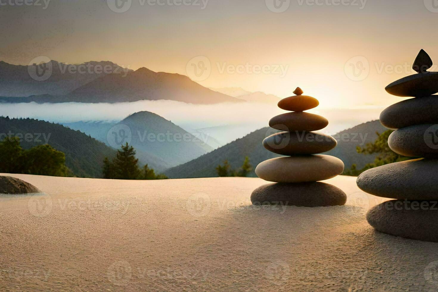 stacked rocks in the desert at sunset. AI-Generated photo