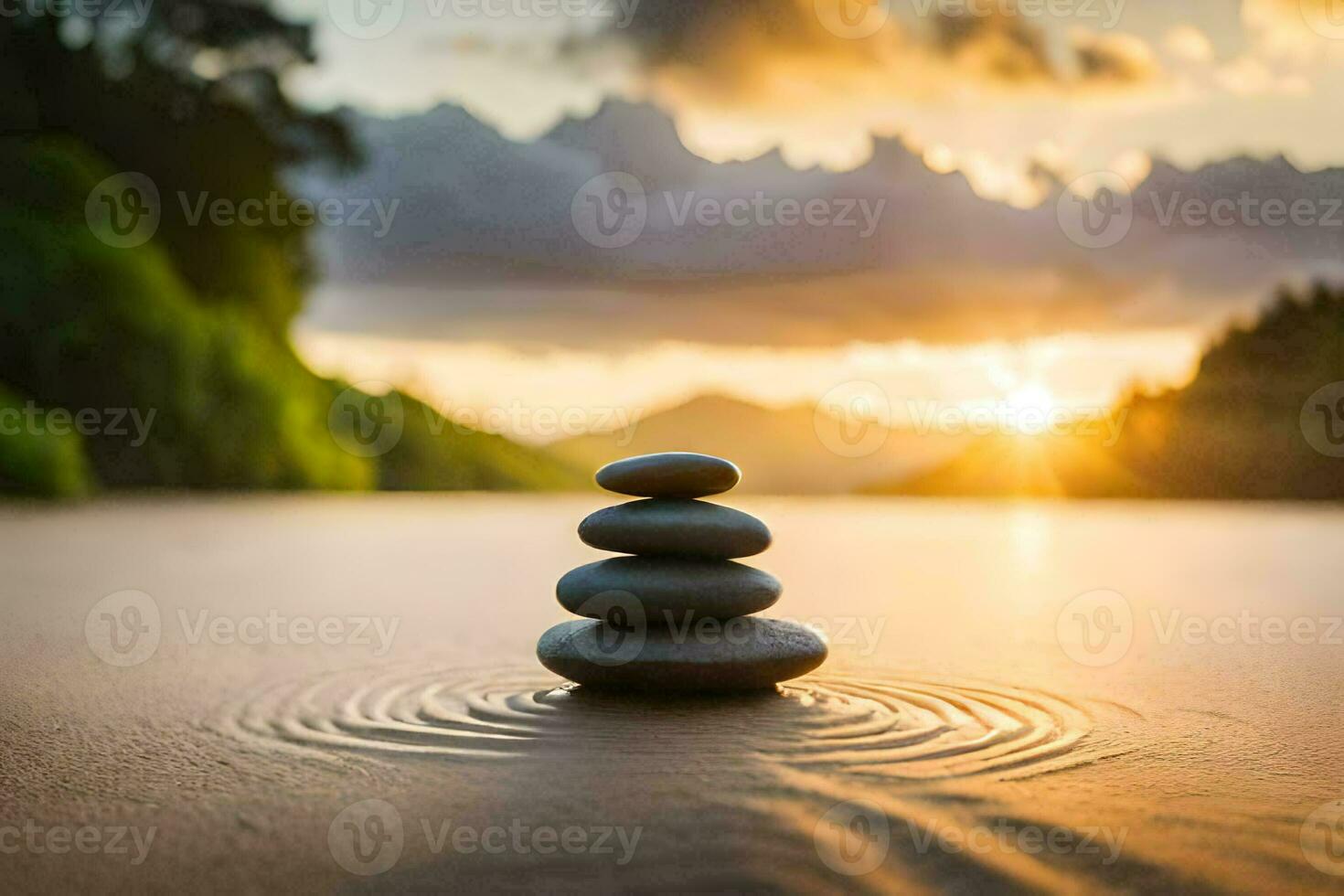 a stack of stones on the beach at sunset. AI-Generated photo