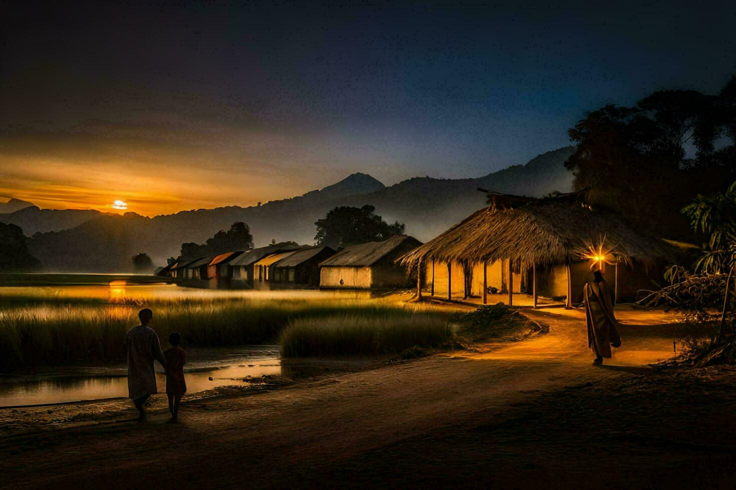 photo wallpaper the sky, sunset, the mountains, the village, the people, the river,. AI-Generated