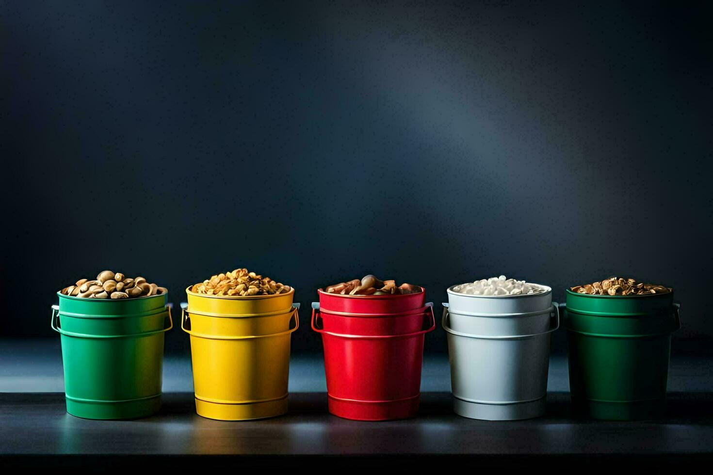 five buckets of peanuts on a table. AI-Generated photo