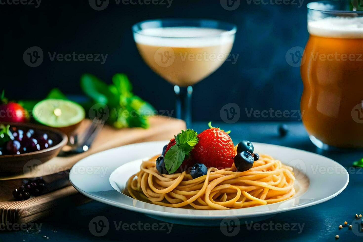 spaghetti with berries and mint on a plate. AI-Generated photo